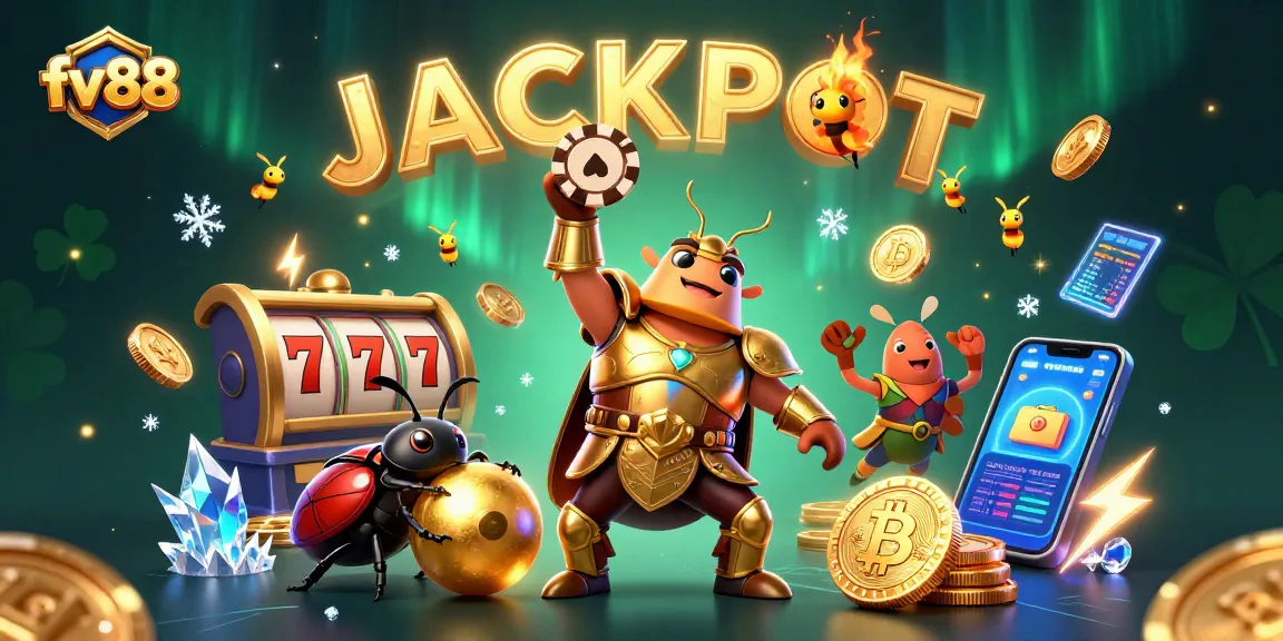 Experience thrilling wins with fv88's online slots as a hero beetle celebrates in vibrant 3D.