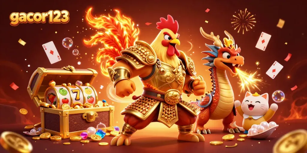 Experience thrilling wins at gacor123 with vibrant characters amidst casino elements.