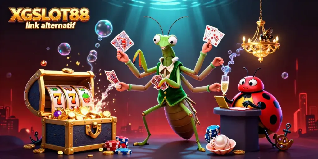 XGSLOT88 link alternatif menampilkan ilustrasi kasino 3D yang dinamis dengan karakter unik dan elemen slot.