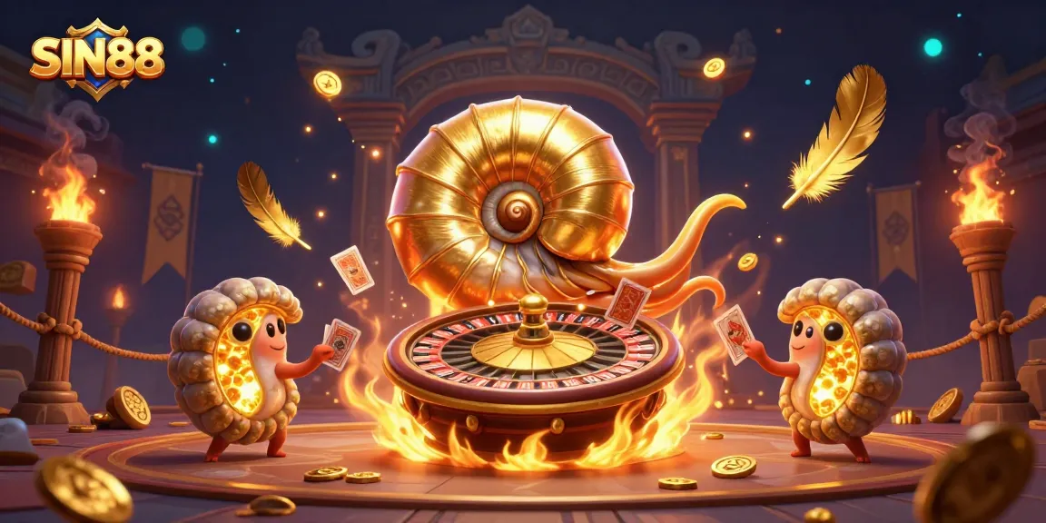 SIN88 showcases a vibrant 3D scene with a golden nautilus roulette wheel and glowing ammonites.