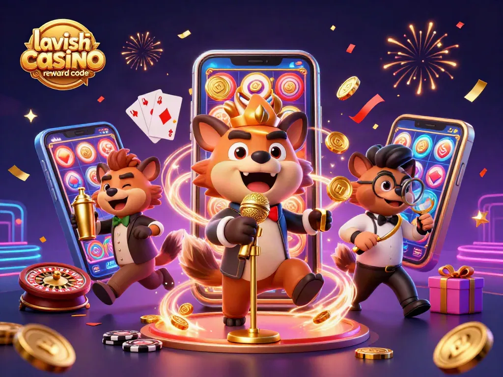 Engage with lavish luck casino reward code surrounded by animated hyenas at a vibrant casino scene.