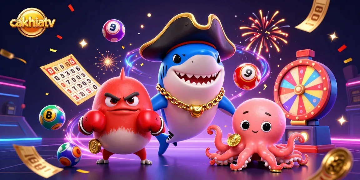 Experience exciting wins with cakhiatv's vibrant 3D scene featuring animated characters and lottery elements.