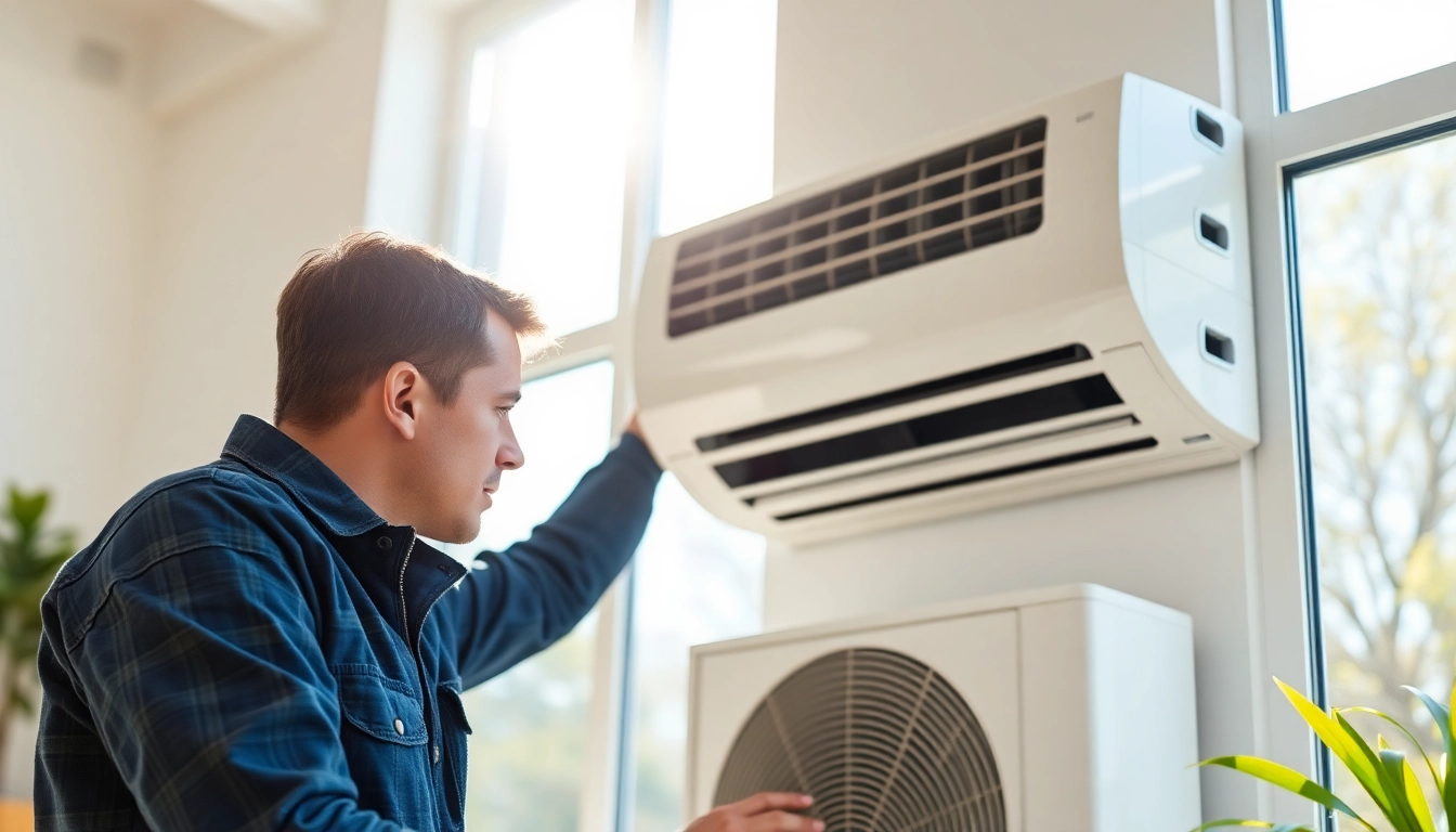 Technician servicing Trane Canada HVAC system in a bright home setting.