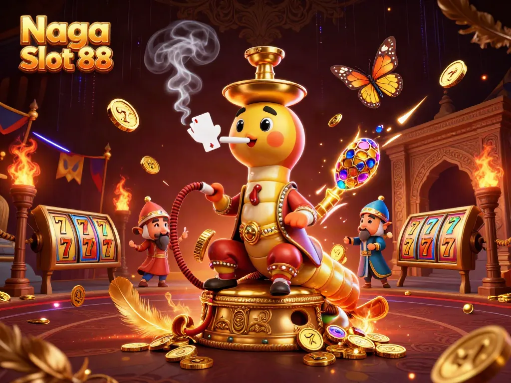 Naga Slot 88 showcases a vibrant, dynamic casino scene with engaging characters and rich gaming elements.