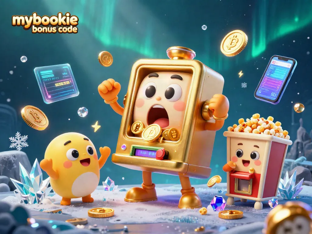 Win big with MyBookie bonus code in this vibrant 3D casino scene featuring excited slot machines and cryptocurrency