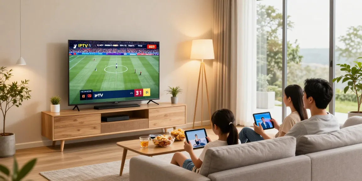 Complete IPTV subscription guide featuring a family streaming together in their cozy living room.