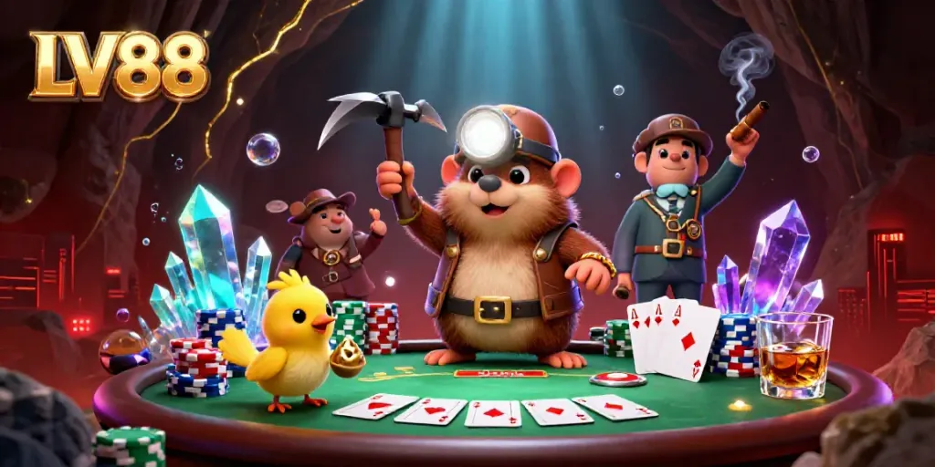 Experience LV88's thrilling casino atmosphere with a treasure hunter and poker elements in a vibrant cave.