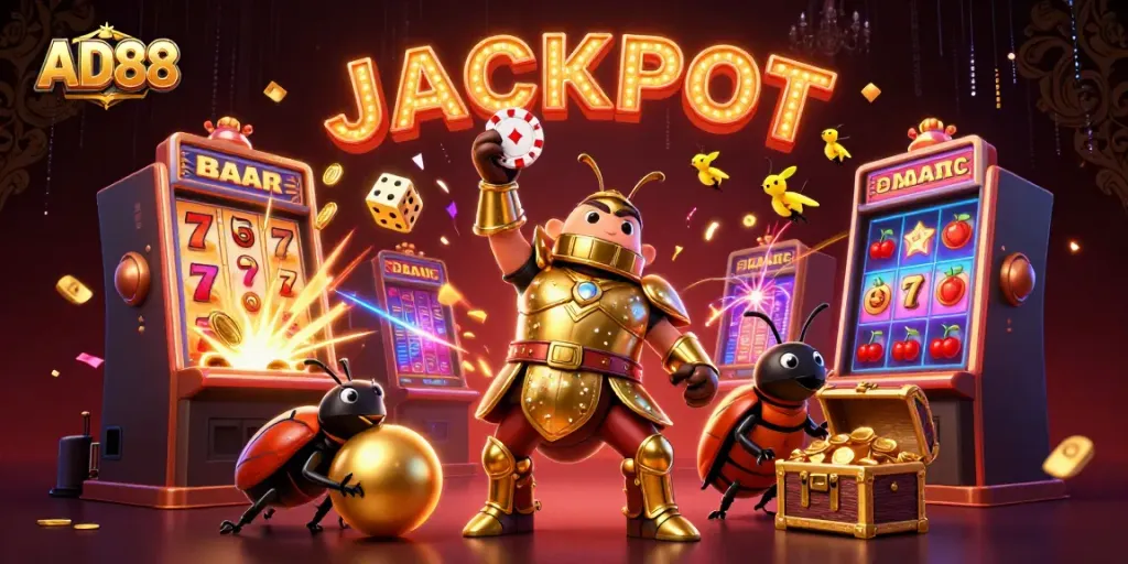 Experience the excitement of AD88 with a victorious hercules beetle celebrating a jackpot amidst dazzling casino elements.
