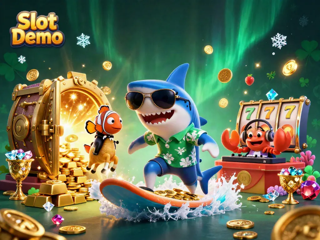 Experience thrilling Slot Demo adventures with cartoon characters surfing on gold coins and vibrant game elements.