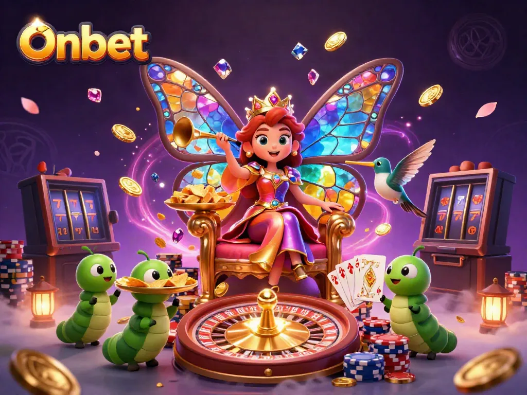 Experience Onbet with a dynamic illustration showcasing a butterfly queen, casino elements, and vibrant colors.