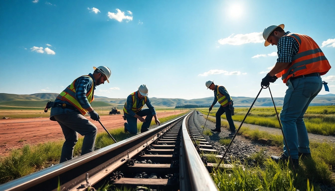 Workers installing rail tracks highlighting great plains rail contractors efficiency.