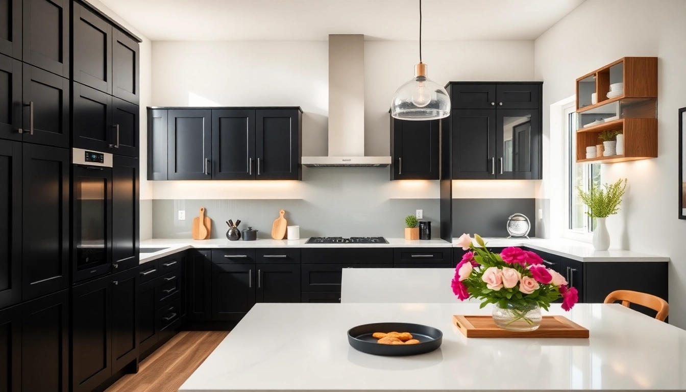 Stylish black kitchen cabinets enhancing a modern kitchen's appeal with elegant features.