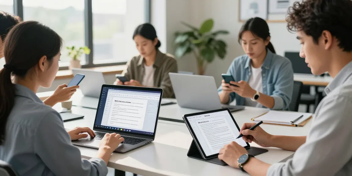 WPS Office 下载的团队协作场景，展示现代办公室中多设备同步编辑文档的专业工作氛围。