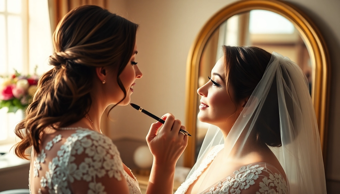 Bridal makeup team Dallas TX enhancing a bride's elegance in a sunlit setting.