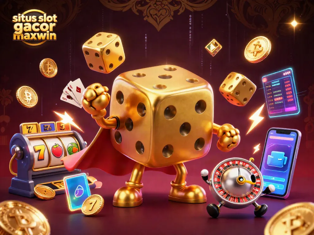 Engage with situs slot gacor maxwin through a vibrant casino-themed illustration featuring golden dice, jackpots, and crypto coins.