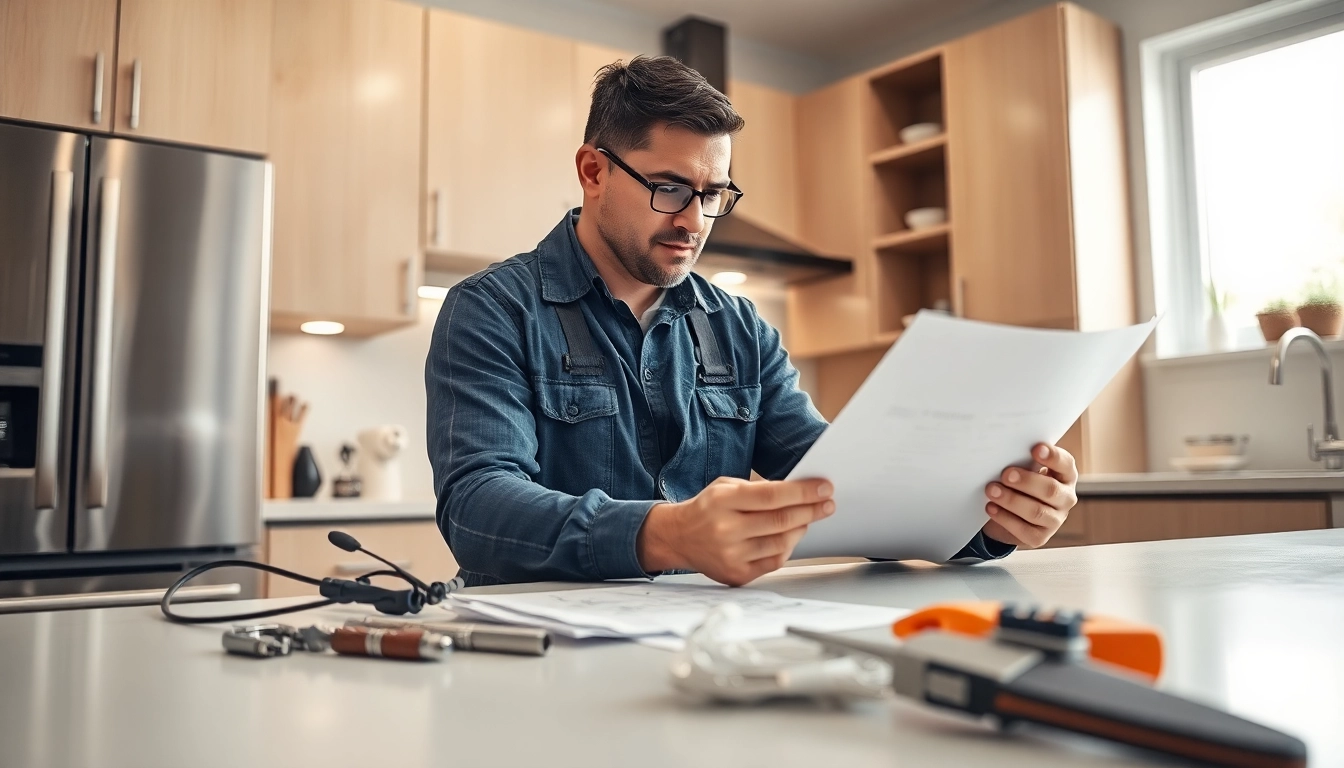Electrician Roswell GA working diligently in a modern kitchen, showcasing electrical expertise.