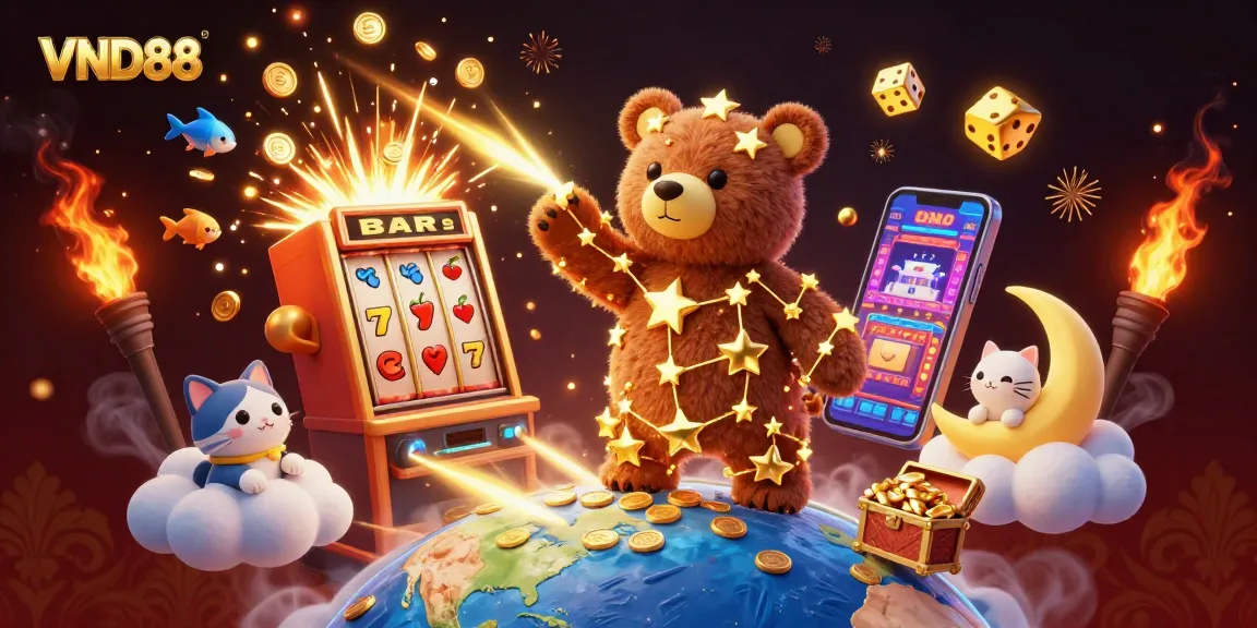 Experience thrilling wins at VND88 with a vibrant casino scene featuring a jackpot slot machine and whimsical characters.