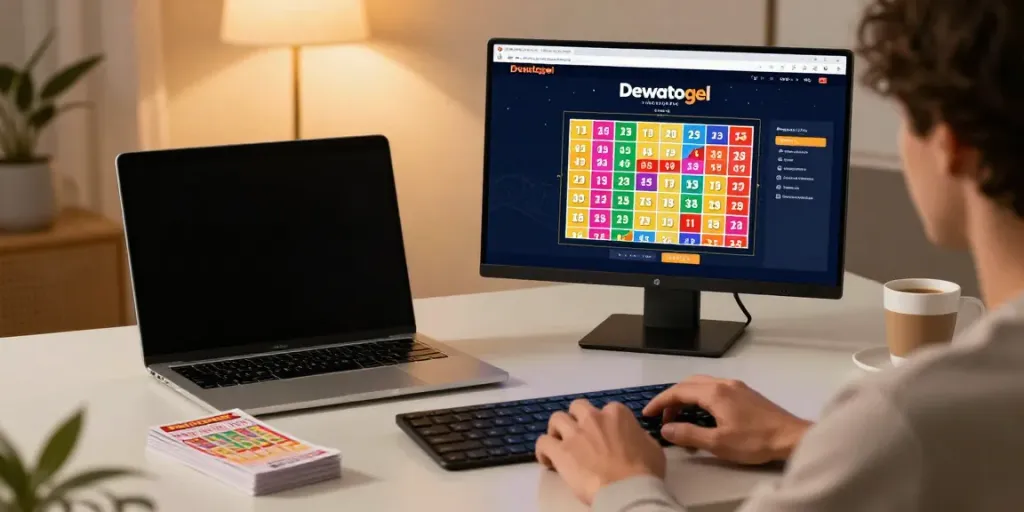Platform Dewatogel di komputer dengan visual permainan lotere yang menarik dan suasana nyaman di ruang kerja modern.