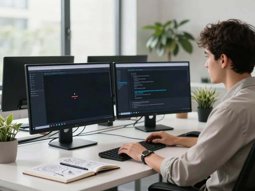 Developer configuring v2rayN in a modern office environment with multiple monitors and a stylish workspace.