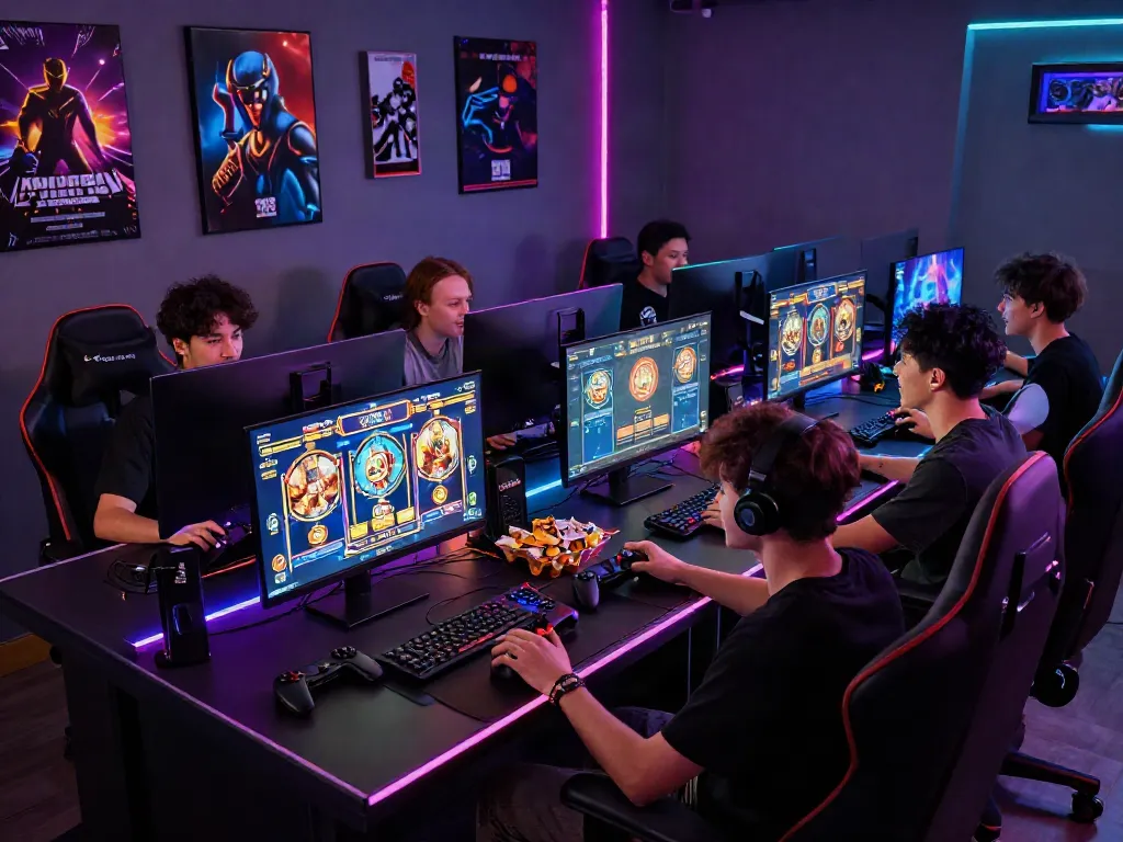Friends playing rutanslot games in a vibrant gaming lounge with glowing screens and snacks.