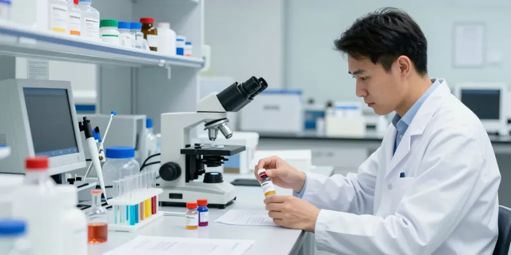 Scientist examining SwissChems research peptides in a modern lab setup.