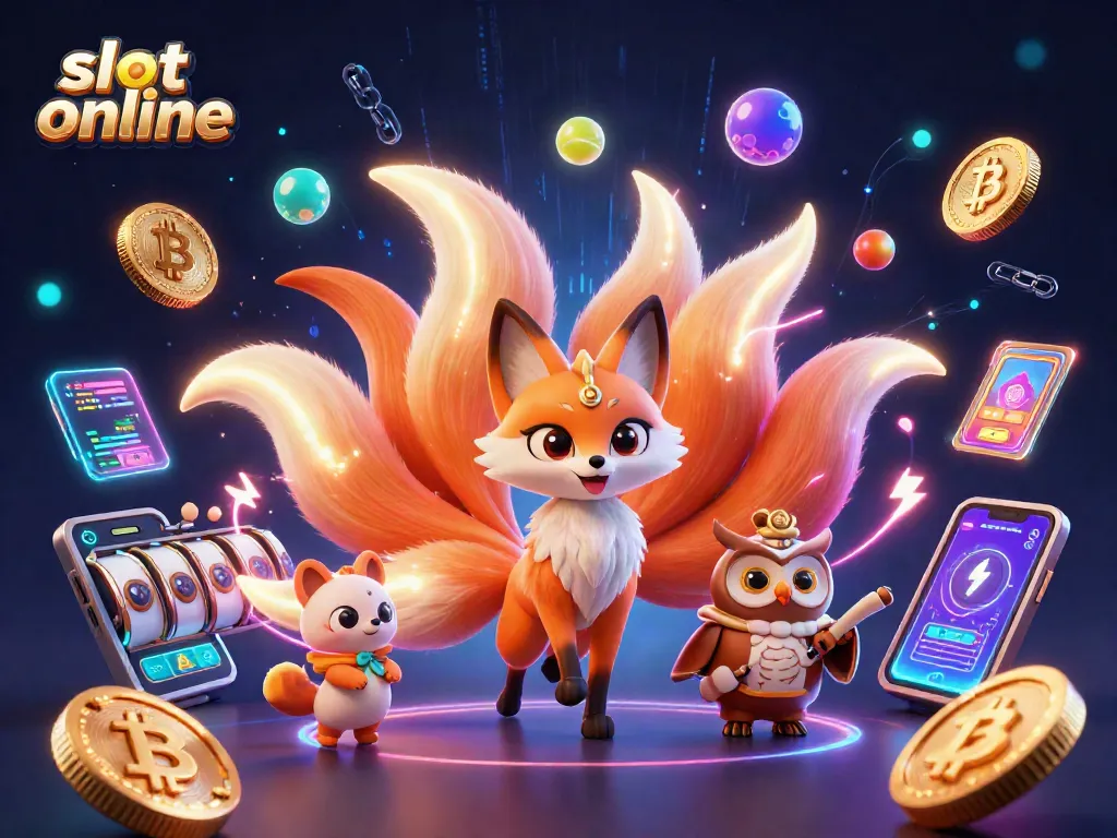 Spin slot online with a vibrant 3D illustration of a mystical fox spirit and glowing coins.