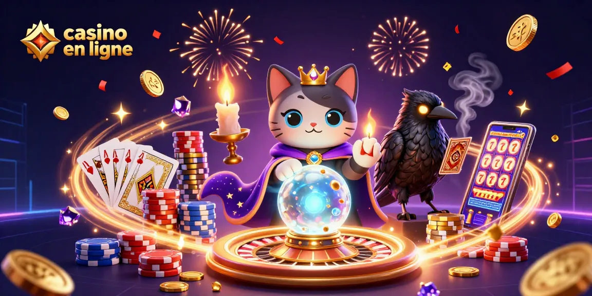 Jouer au casino en ligne avec un chat mystique et une corbeau tarot, entourés de pièces dorées.