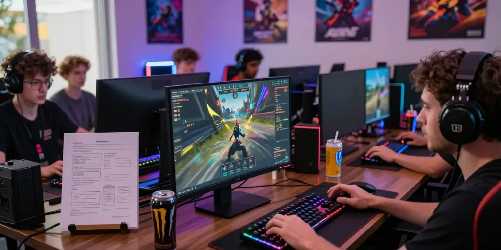 Engaged gamers in a bright, dynamic gaming setup, showcasing situs gacor strategy.