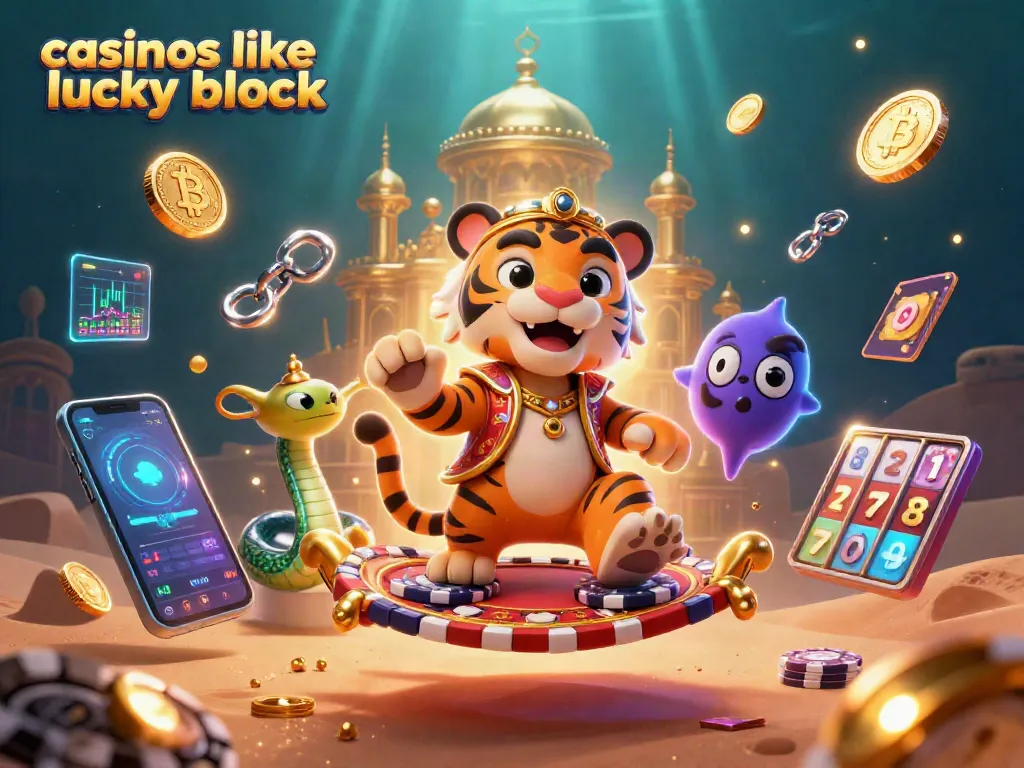 Win at casinos like lucky block with a vibrant 3D illustration of a tiger sultan and crypto coins.