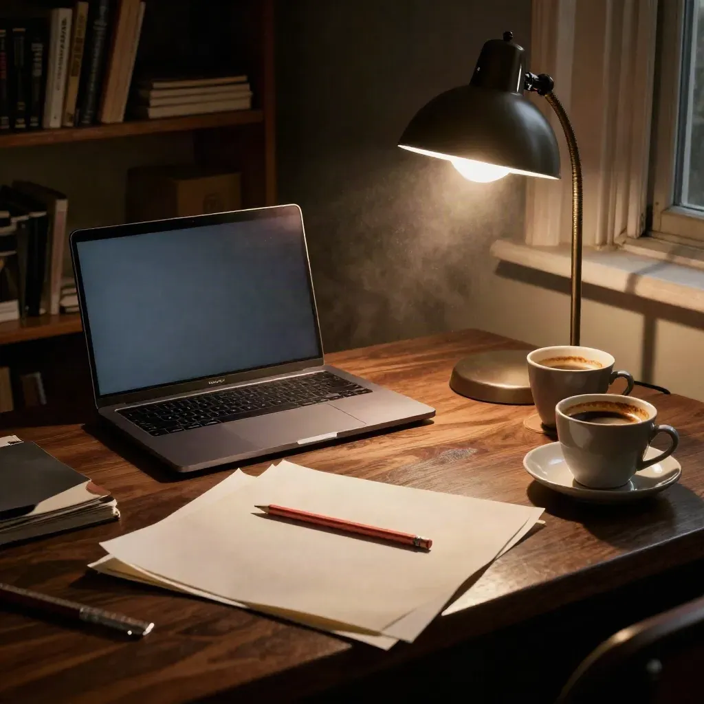 Closed laptop, proof sheets, red pencil and two coffee cups on a warm midnight editorial desk.