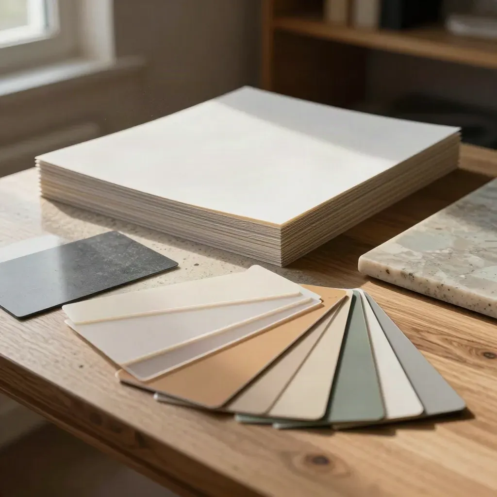 Print room samples, acetate overlays, color chips, and cutter board on travertine under soft window light