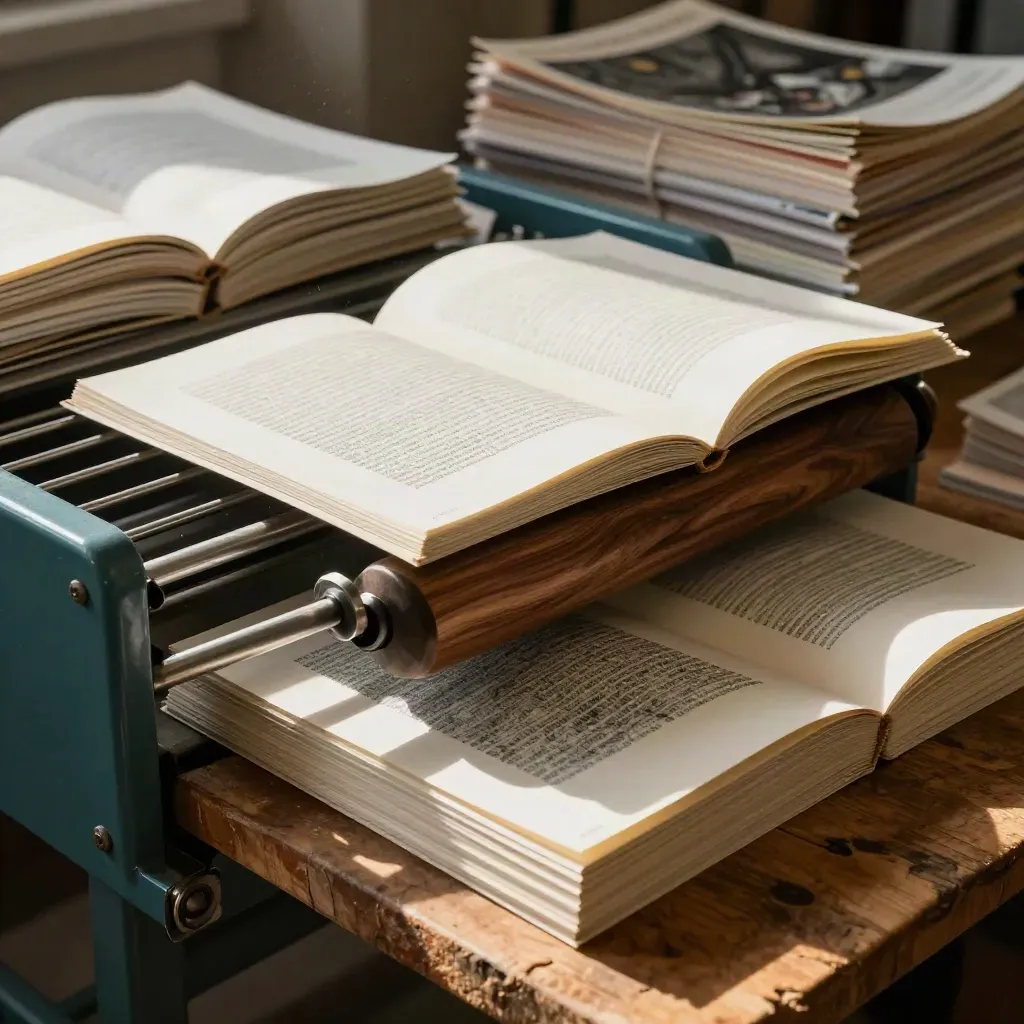 Open zines and settling print stacks in a small press bindery on a drying rack