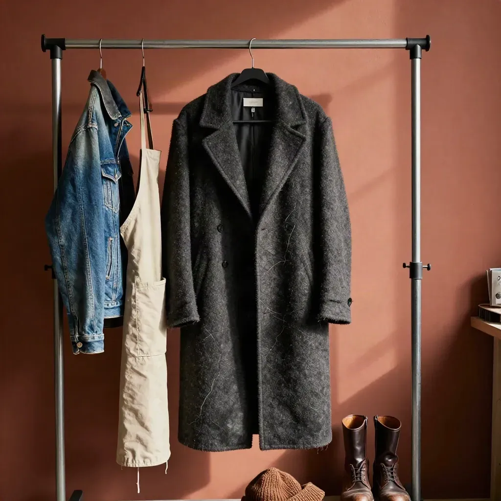 Industrial garment rack with workwear coat, denim jacket, apron, boots and knit cap in moody light