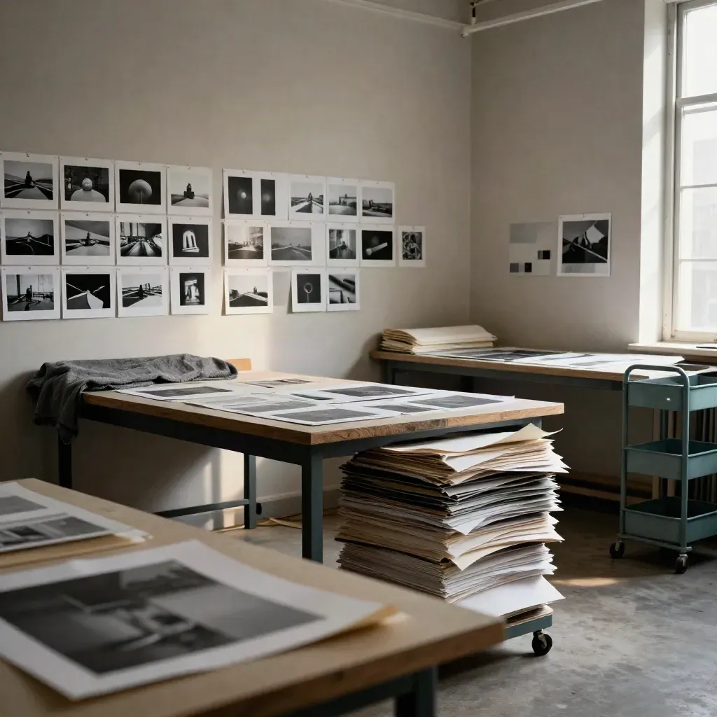 Moody editing room with print tables, portfolios, and a window flare skimming the wall.