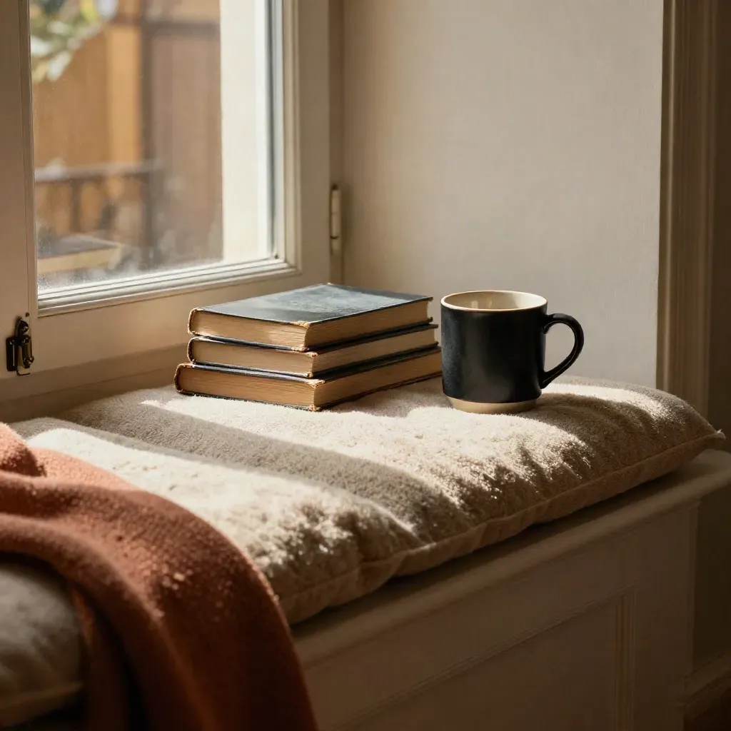 Warm window seat with books, a mug, and a wool cushion in afternoon light.