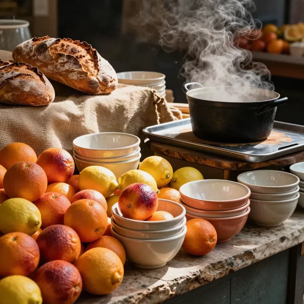 Steaming market counter with citrus, bread, bowls and a tray just set down in warm low light.