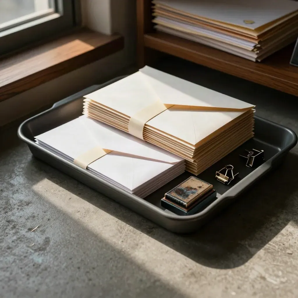 Top-down mail sorting tray with bundled envelopes, clips, and a worn stamp pad in warm light.