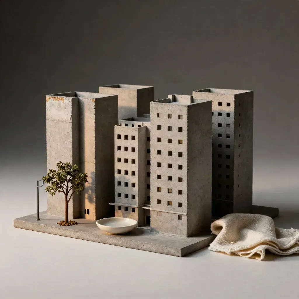 Miniature concrete city block model with tree, ceramic dish, and linen in dusk-like side light.