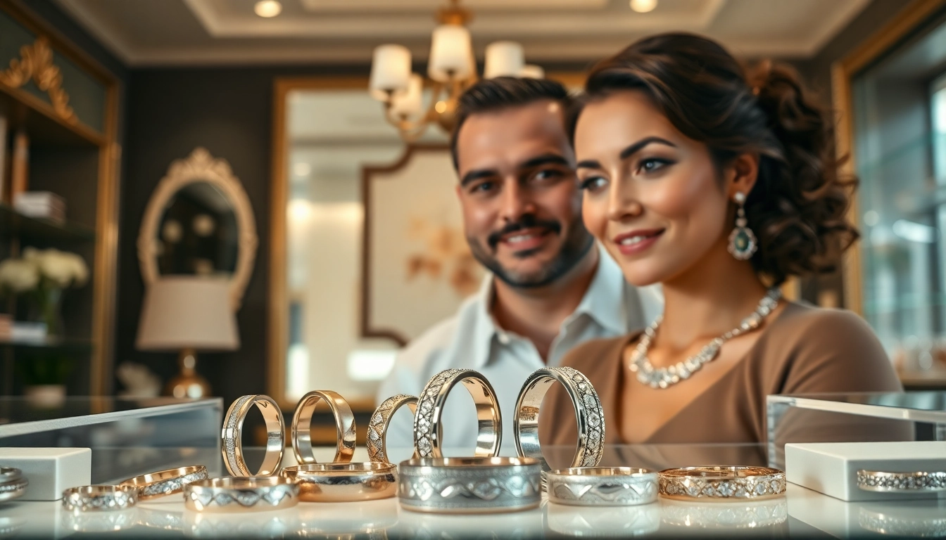Showcase of unique wedding bands at Gaboni Jewelers with elegant designs and warm lighting.
