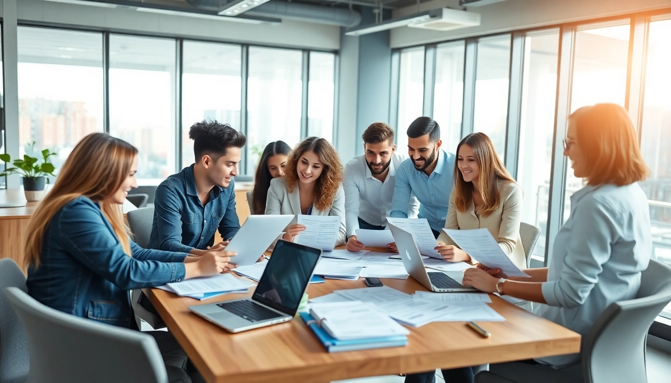 Temp agencies helping diverse professionals connect in a vibrant office setting.