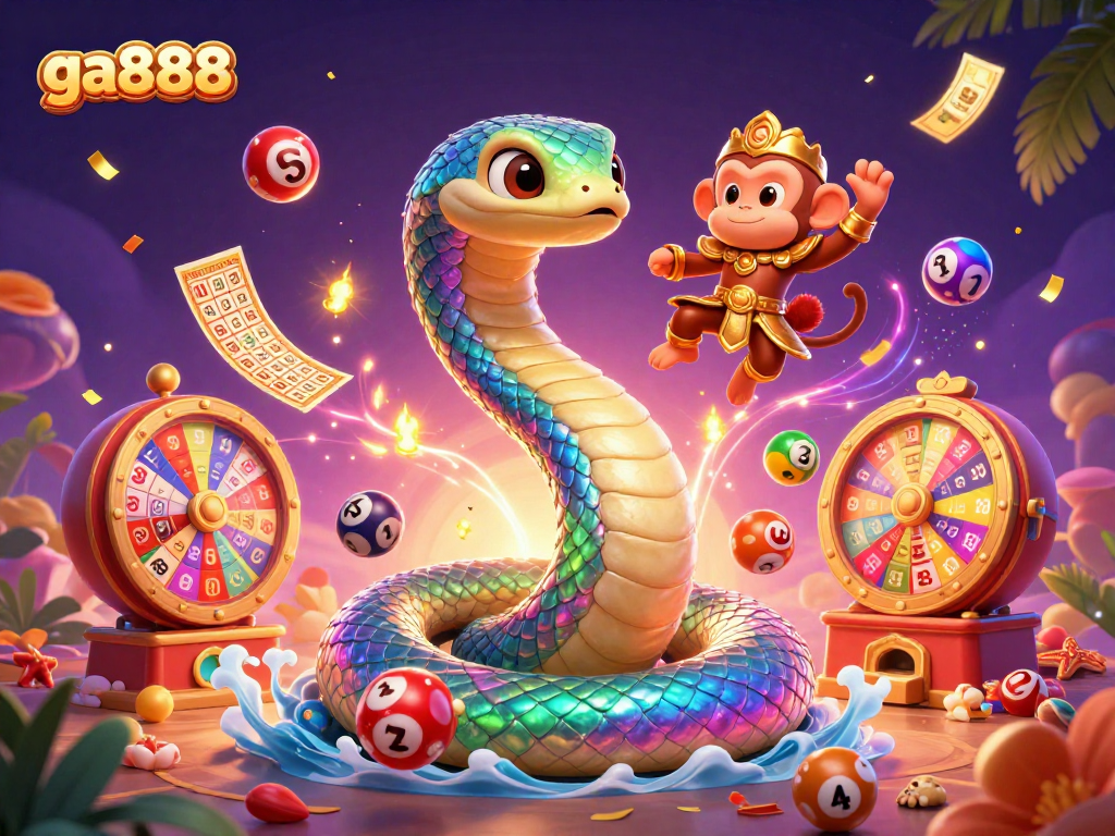 Experience thrilling wins with ga888's vibrant lottery game scene featuring energetic characters.