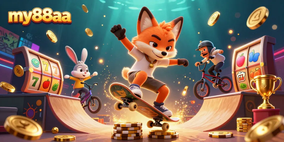 Experience exciting gaming action at my88aa with vibrant cartoon characters and casino elements.