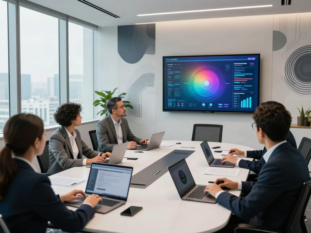 Team engaging in Deepfake protected Conferencing strategies in a modern meeting room.