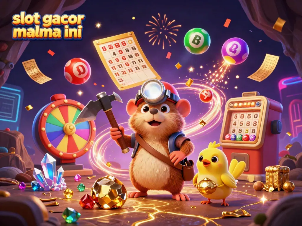 Engage with slot gacor malma ini through an exciting scene of a treasure hunter mole mining rich gems amid vibrant casino elements.
