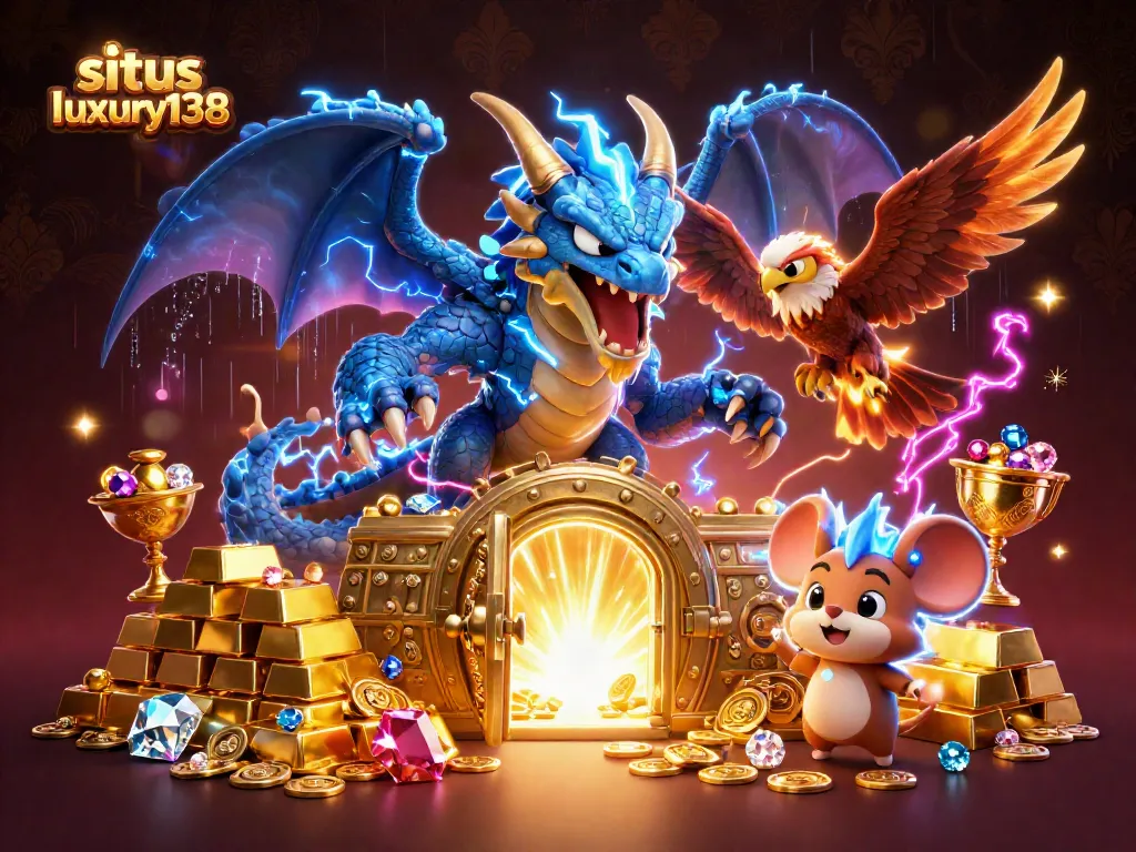 Menggoda pemain situs luxury138 dengan ilustrasi kasino penuh warna dan karakter menarik yang menampilkan kemenangan besar.