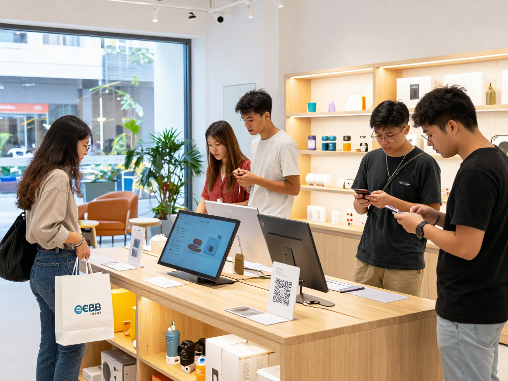 Explore unique products at https://www.ebbfilter.com/shop with engaged shoppers in a modern retail atmosphere.
