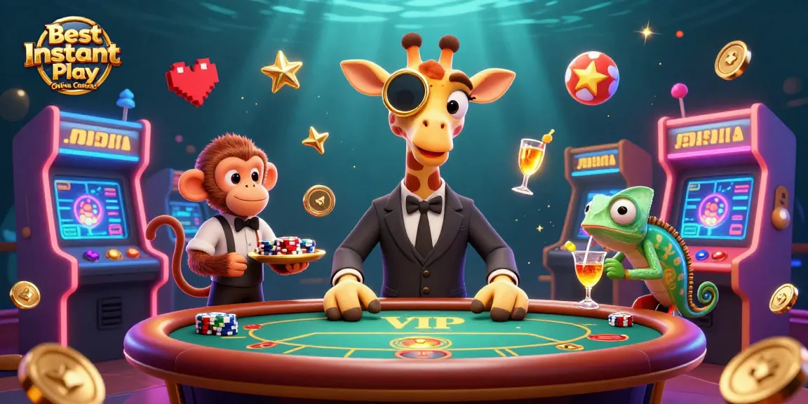 Experience the excitement at the Best Instant Play Online Casinos with vibrant characters and casino elements.