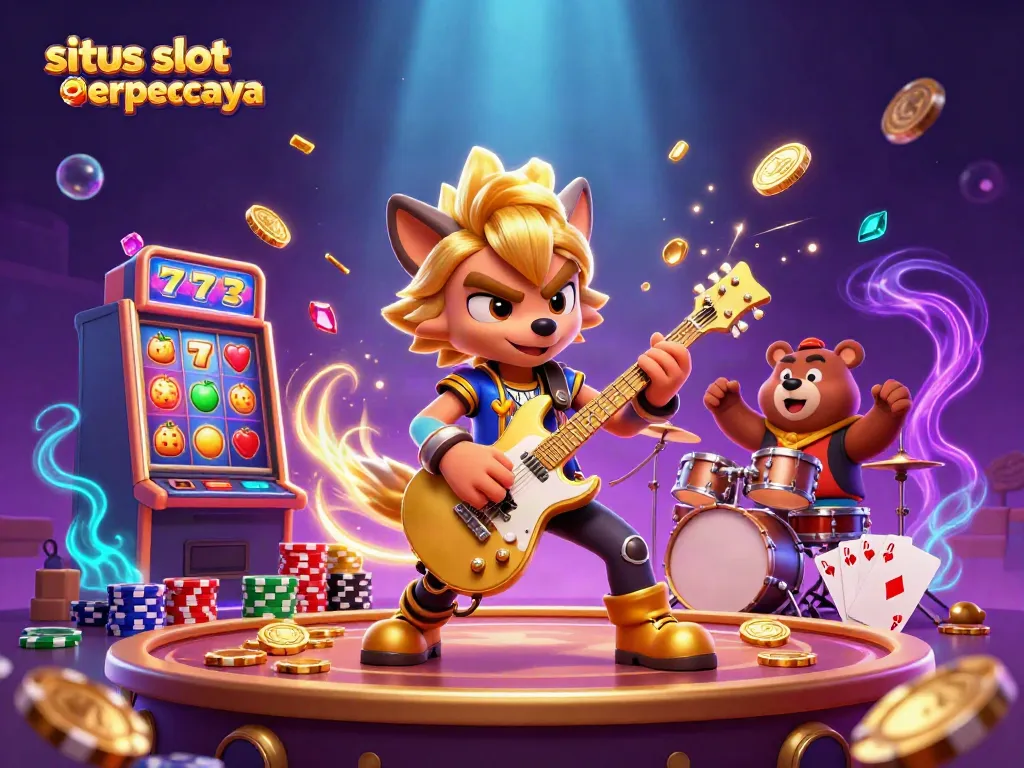Engaging illustration representing situs slot gacor terpercaya with a cartoon wolf rock star, vibrant casino elements, and golden treasures.