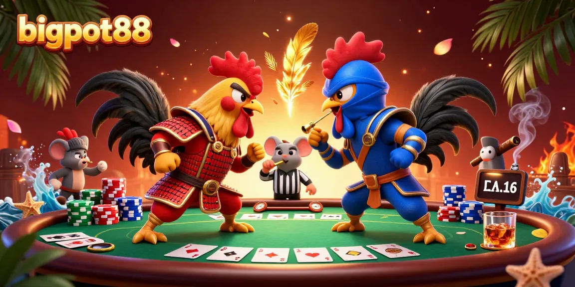 Rasakan keseruan pertarungan ayam sambil bermain poker di bigpot88 dengan meja hijau dan chip berwarna-warni.