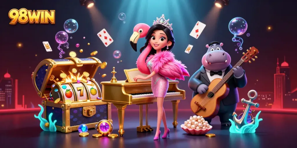 Win big with 98WIN in this vibrant 3D casino scene showcasing joy, luck, and excitement.